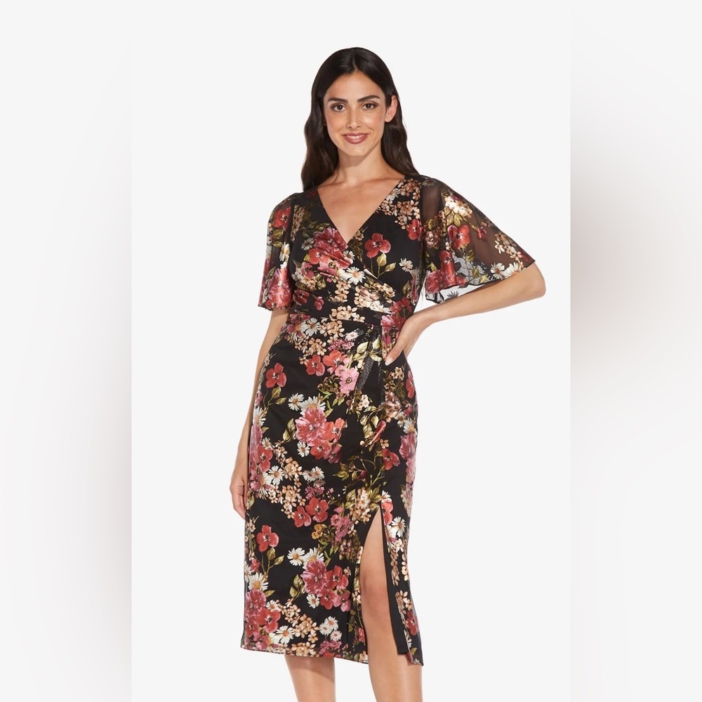 Adrianna Papell Mesh Draped Midi Dress